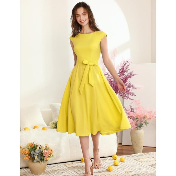 Dresstells Women's Yellow Modest Vintage Cocktail Formal Party Dresses - Picture 2 of 6